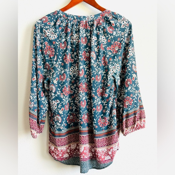 Beach Lunch Lounge size Large Navy Blue & Red Floral Boho Peasant Tunic Top - Picture 7 of 14